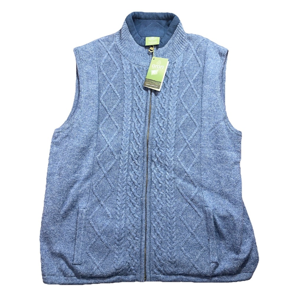 Aran Sweater Market Vest 100% Pure New Wool Fisherman Cable Full Zip Blue XXL